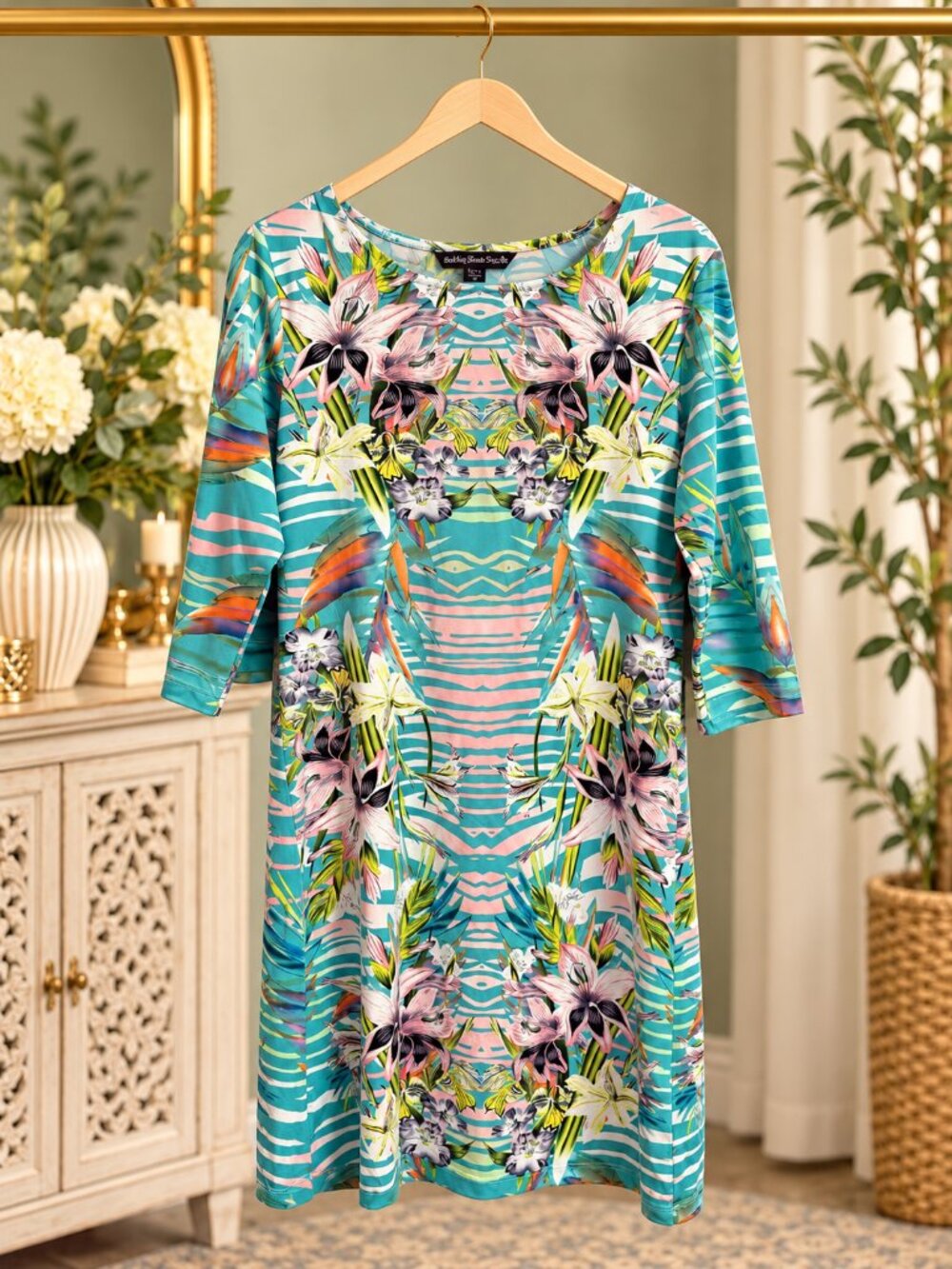 Mushka Sienna Rose Tropical Floral Geometric Shift Dress M 3/4 Sleeve Teal Pink